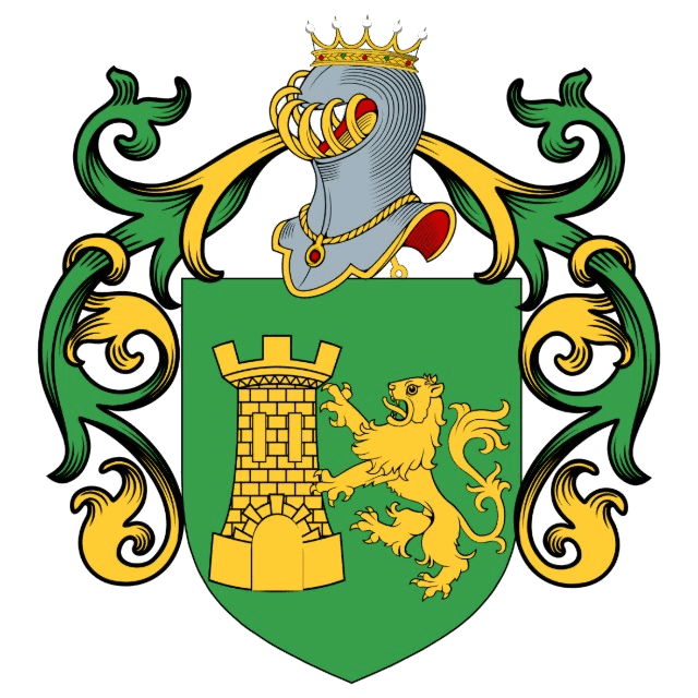 Familiewapen — schild van sinopel met een toren en een leeuw van goud, gekroonde helm
